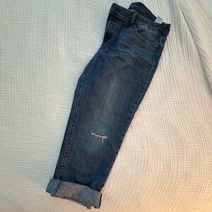 EUC Chico’s So Slimming Girlfriend Slim Leg Crop Blue Distressed Jeans